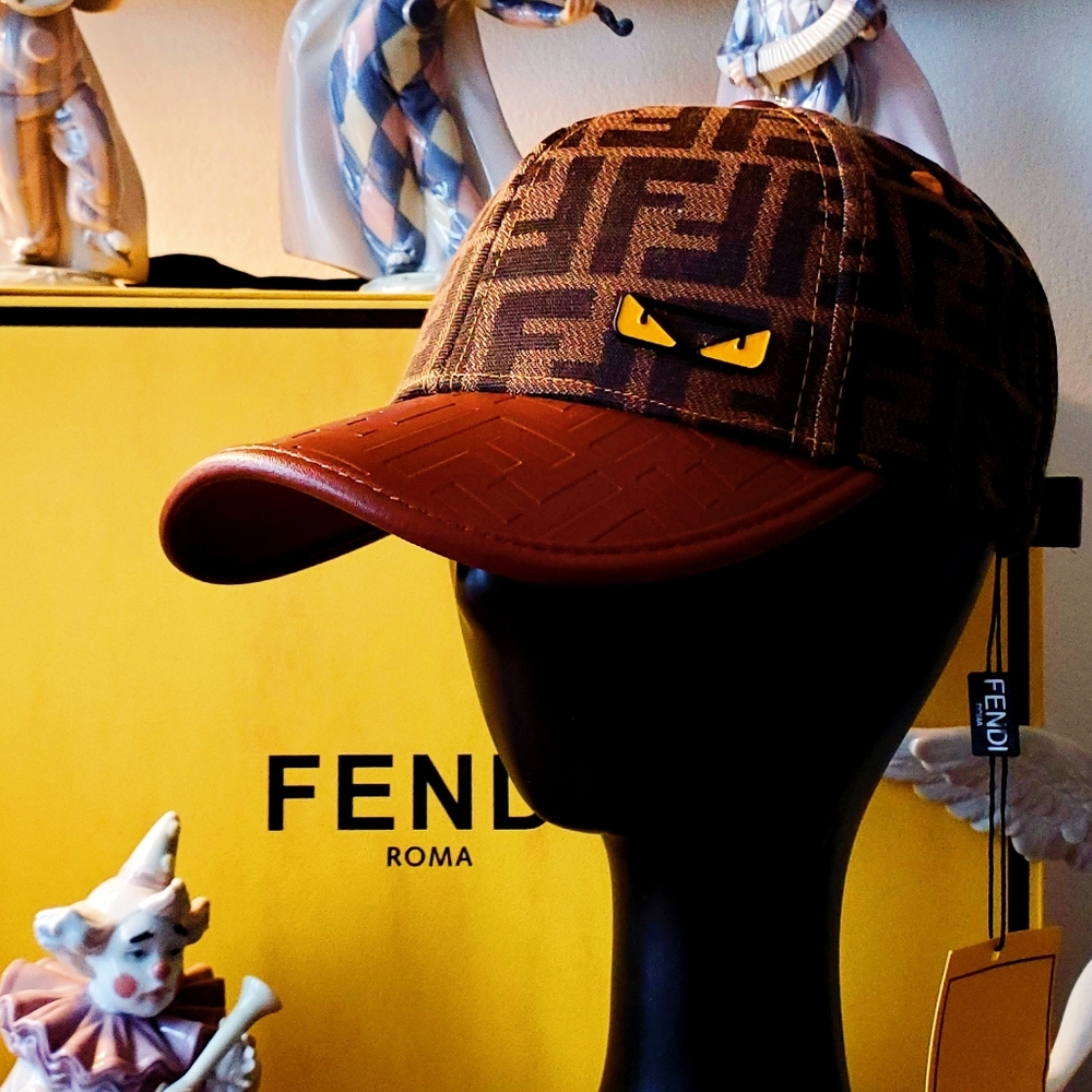 Fendi Brown FF Monster Eyes monogram baseball cap hat Thick Leather Brim - Picture 5 of 5